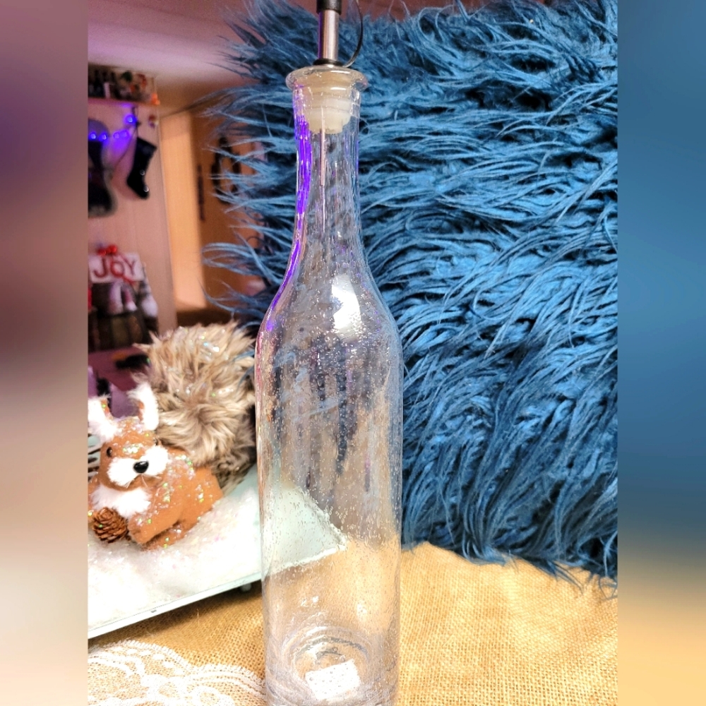 Tag olive oil bottle with pour spout beautiful blown glass-clear